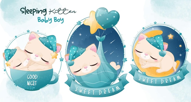 Cute sleeping kitten illustration for baby boy