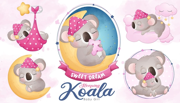 Carino baby shower koala addormentato con set di illustrazioni ad acquerello