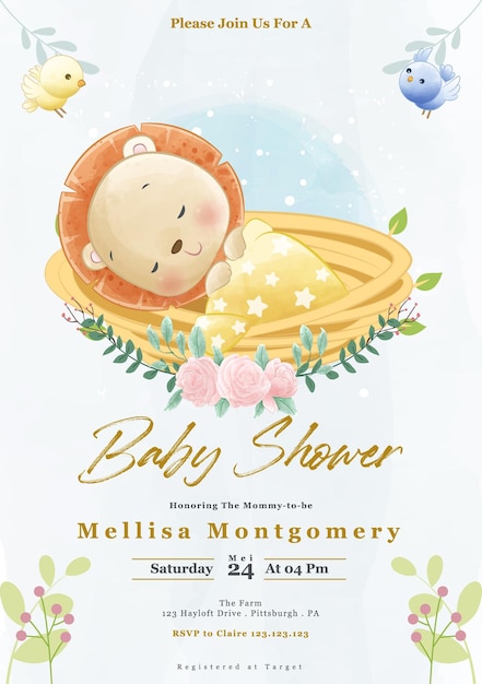 Vector cute sleeping lion baby shower invitation with watercolor style