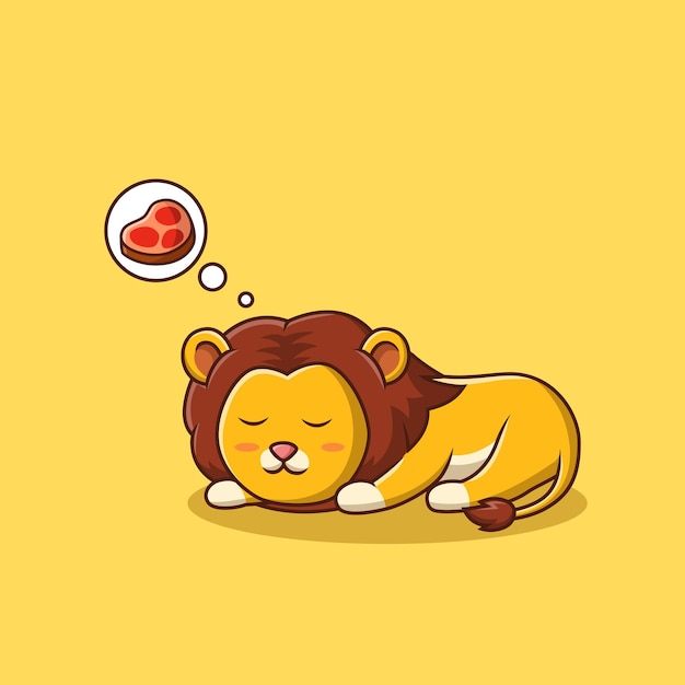 Cute sleeping lion dreaming of meat vector illustration