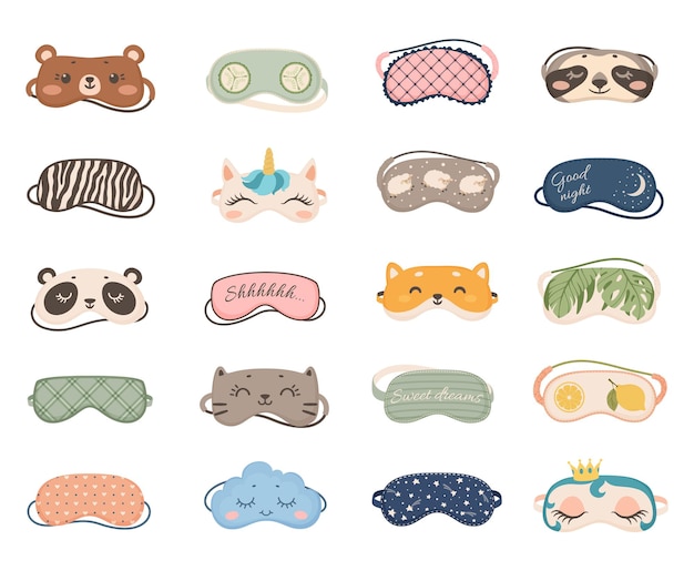 동물과 패턴이 있는 귀여운 수면 마스크, 나이트 아이 마스크. 꿈, 잠옷 잠옷 요소 벡터 세트를위한 만화 수면 액세서리