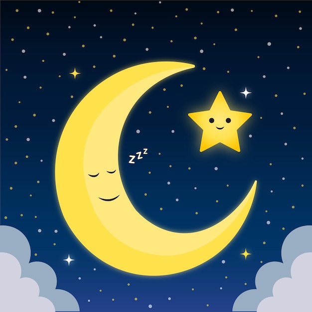 スターリー・ナイト・スカイ・ベクトルの可愛い眠っている月と星