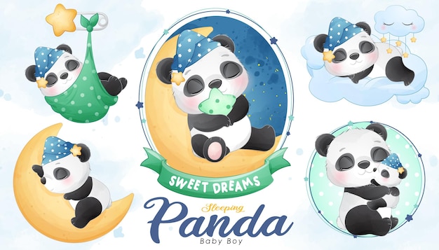 Baby shower carino panda addormentato con set di illustrazioni ad acquerello