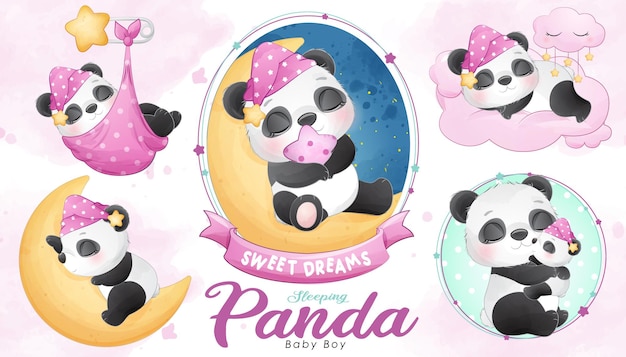 Vector cute sleeping panda baby shower with watercolor illustration set