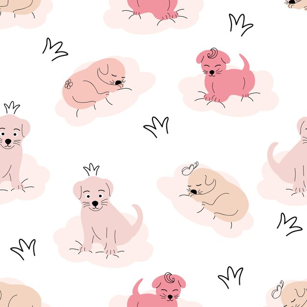 Vector cute sleeping puppy clouds stars crown butterflies seamless pattern gentle colors for newborns