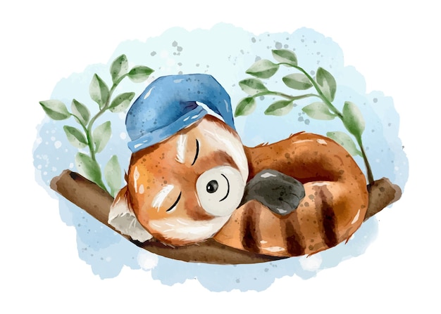 Carino dormire panda rosso acquerello illustrazione disegnata a mano sleeping