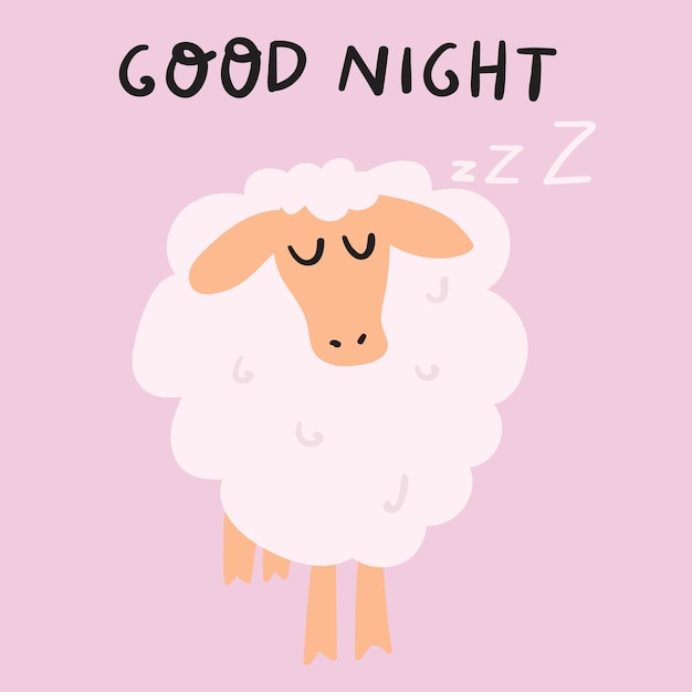 Cute sleeping sheep. Good night. Vector flat hand drawn illustration on pink background.