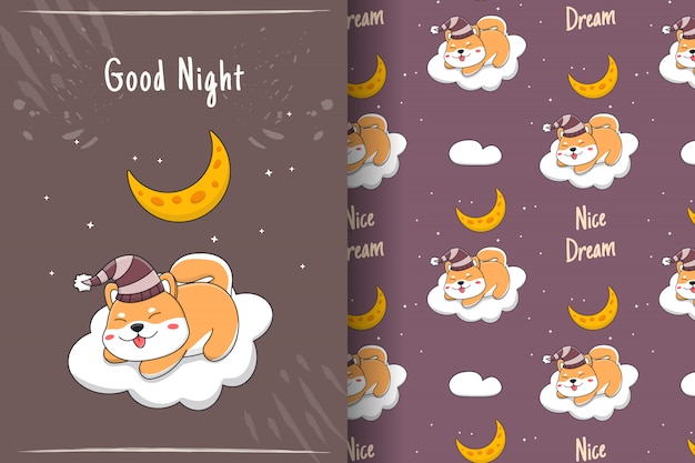 雲のシームレスなパターンとカードにかわいい眠っている柴犬