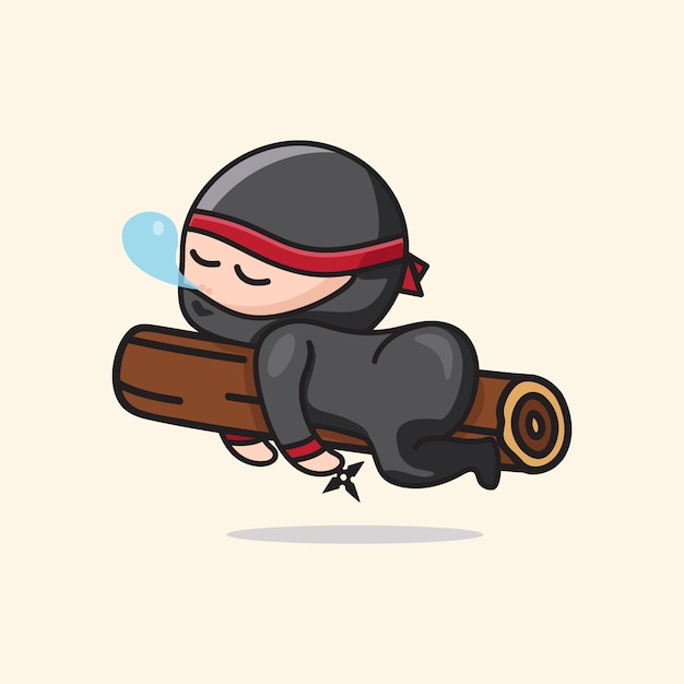 Cute sleepy chibi ninja at the tree cartoon illustration