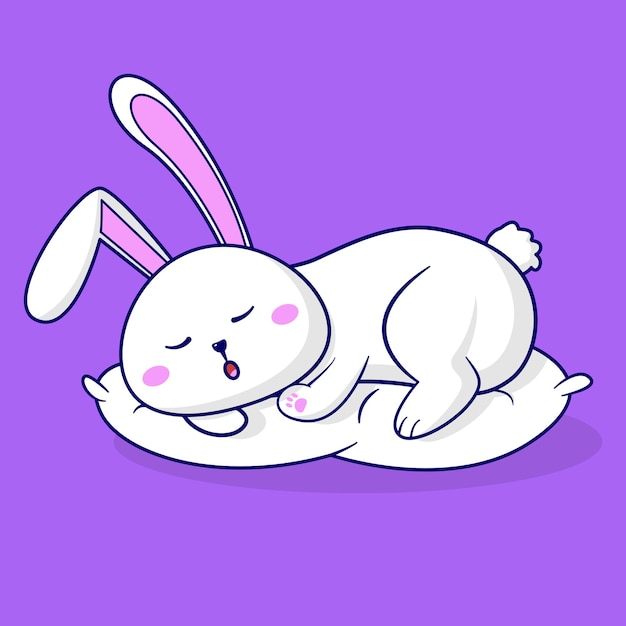 보라색 배경에 흰색 베개 만화에 귀여운 졸린 토끼