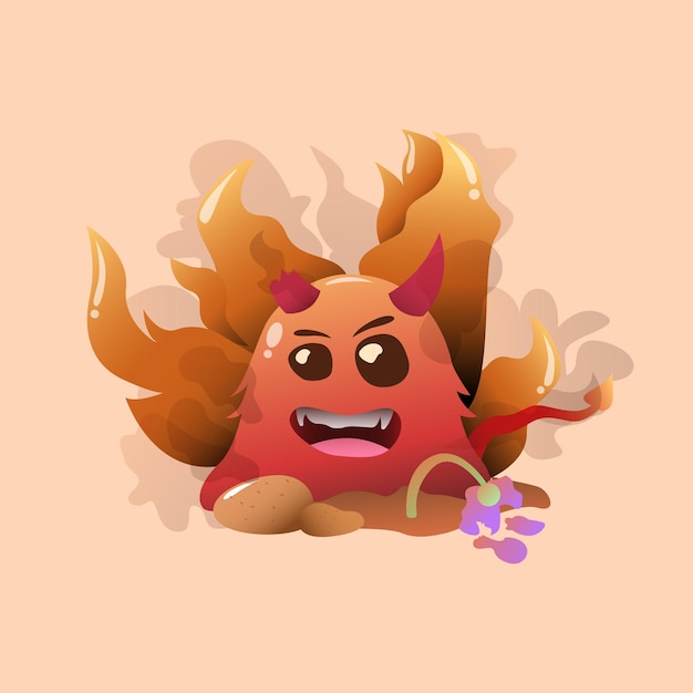 Cute slime fire devil with fire burning background cartoon illustration