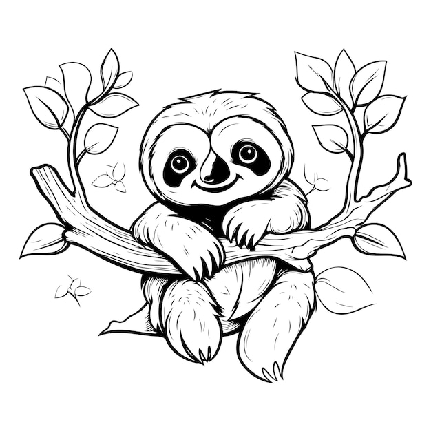 Cute sloth on a branch with leaves Vector illustration