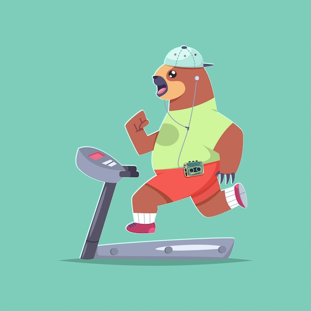 Cute sloth cartoon character doing exercises on a treadmill.