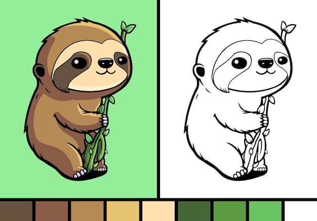 Cute sloth cartoon illustration in coloring page style baby wild animal