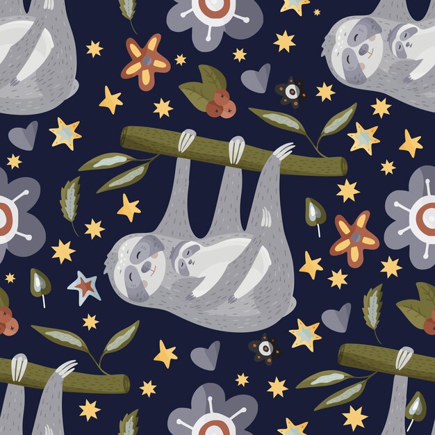 Cute sloth cartoon vector seamless pattern in a flat style Slow lazy animal nature kid print
