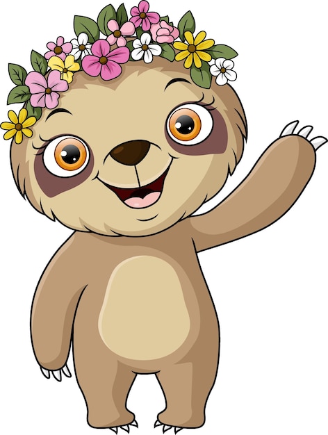 Cute sloth cartoon with wreaths of flowers on head