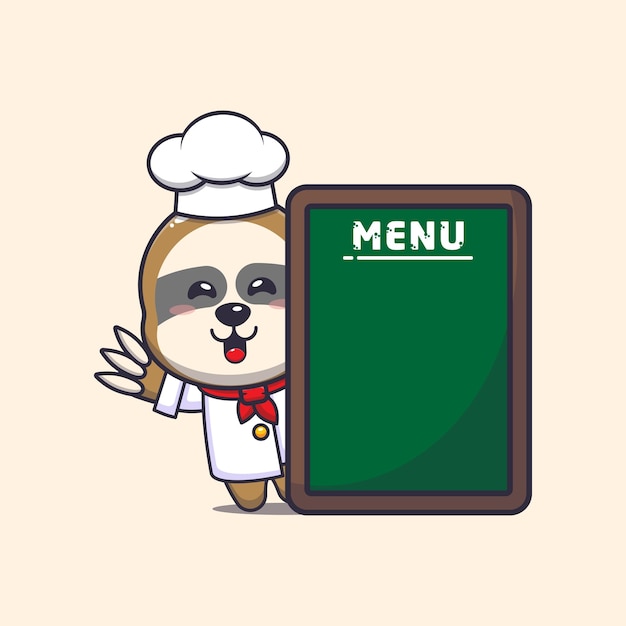 Cute sloth chef mascot cartoon character with menu board