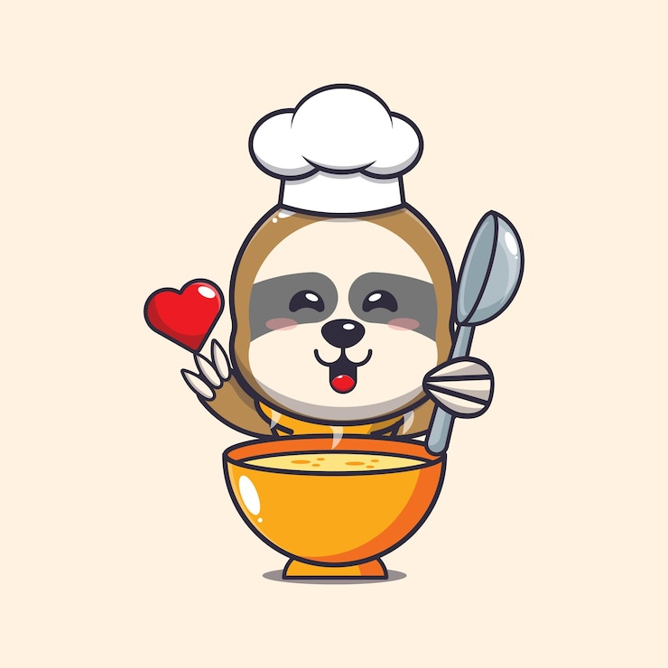 वेक्टर cute sloth chef mascot cartoon character with soup