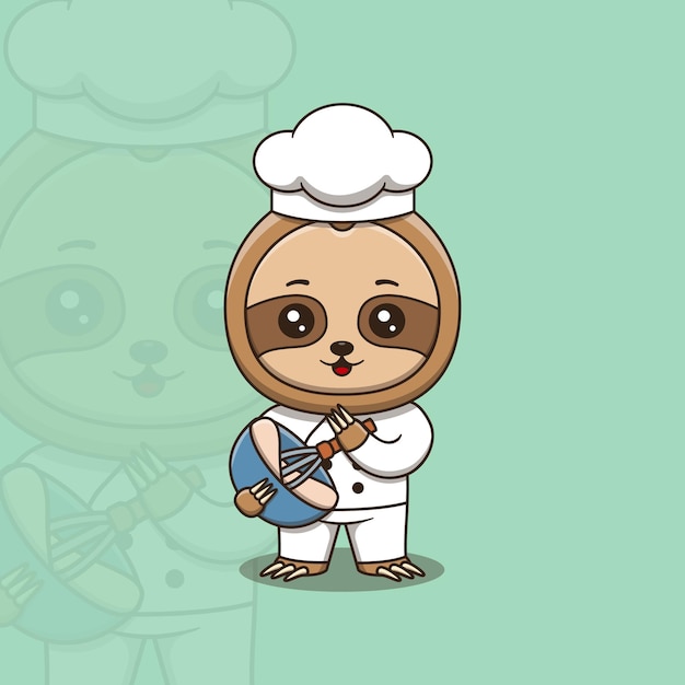 Cute sloth chef with whisk and mixing bowl