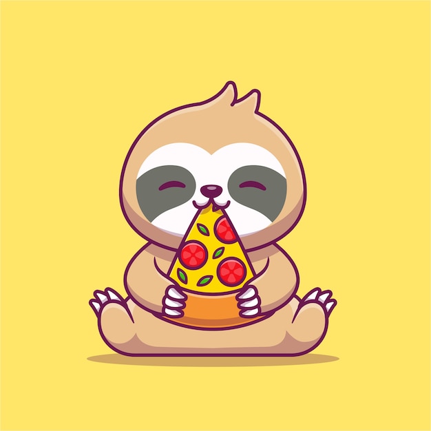 Cute Sloth Eating Pizza Cartoon Icon Illustration.