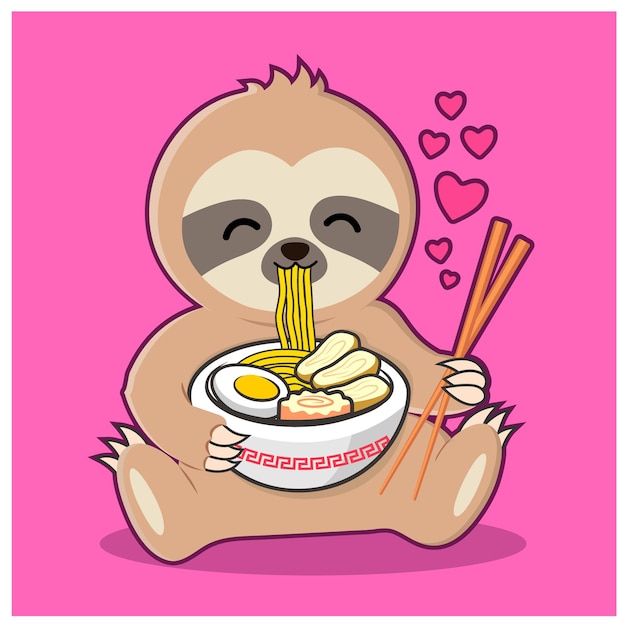 Simpatico bradipo che mangia ramen noodles in una ciotola. stile disegnato a mano dell'illustrazione di vettore.