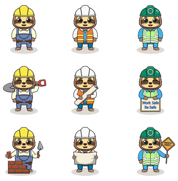 Vector cute sloth engineers workers builders characters isolated cartoon illustration