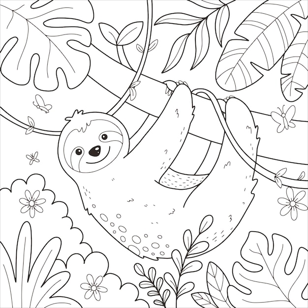 Cute sloth in forest coloring page