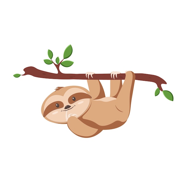 Cute sloth, funny  illustration for print, posters. slow down text. tree branch wild animal.