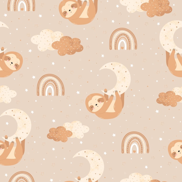 雲と月にぶら下がっているかわいいナマケモノ赤ちゃんポスター生地プリント ポストカードのシームレス パターン