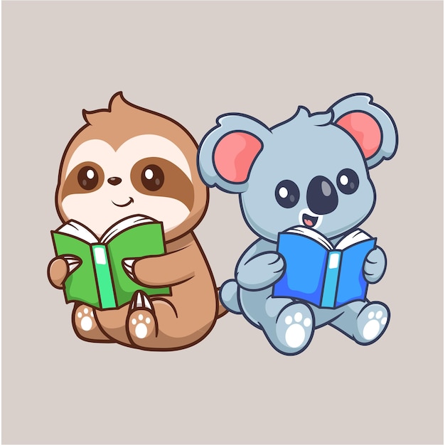 Cute sloth and koala reading book cartoon vector icon illustration animal education isolated flat