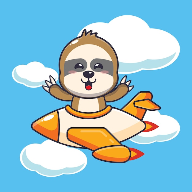 Cute sloth mascot cartoon character ride on plane jet