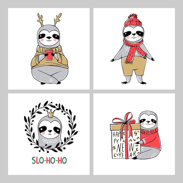 Cute sloth, merry christmas cards collection. funny illustrations for winter holidays. doodle lazy sloths bears and lettering inscriptions. happy new year and xmas animals set.