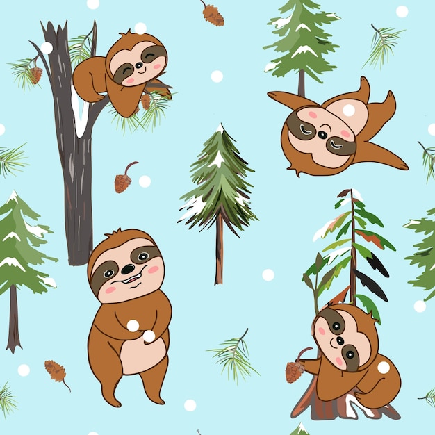 Cute sloth monkey happy in the winter forest seamless background