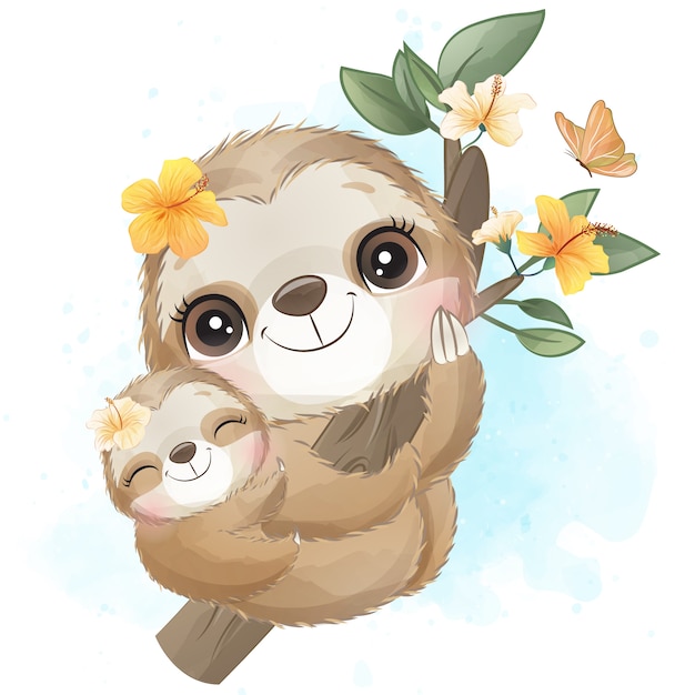 Cute sloth mother and baby with watercolor