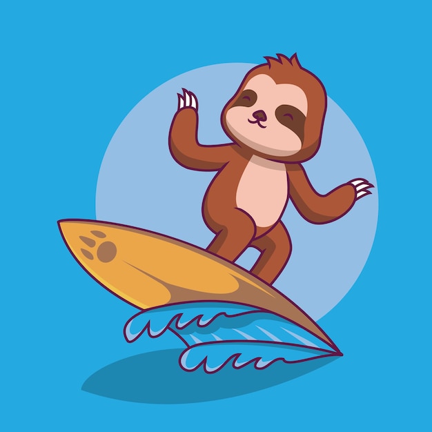 Cute sloth playing surfing cartoon illustration