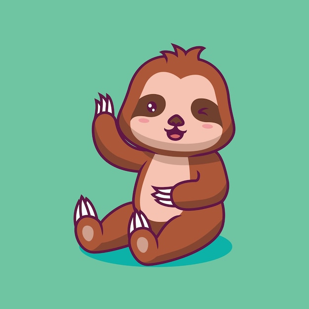Vector cute sloth sitting and waving hand cartoon illustration