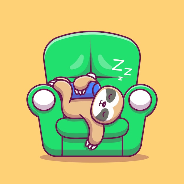 Симпатичные ленивец спит на диване мультяшный значок иллюстрации. концепция животных значок изолированные премиум. плоский мультяшный стиль