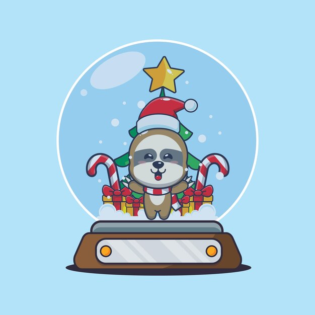 Cute sloth in snow globe. Cute christmas cartoon illustration.