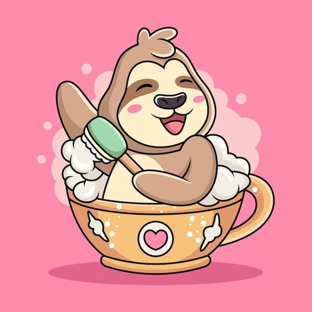 Cute Sloth Swim on Cup of Coffee Cartoon