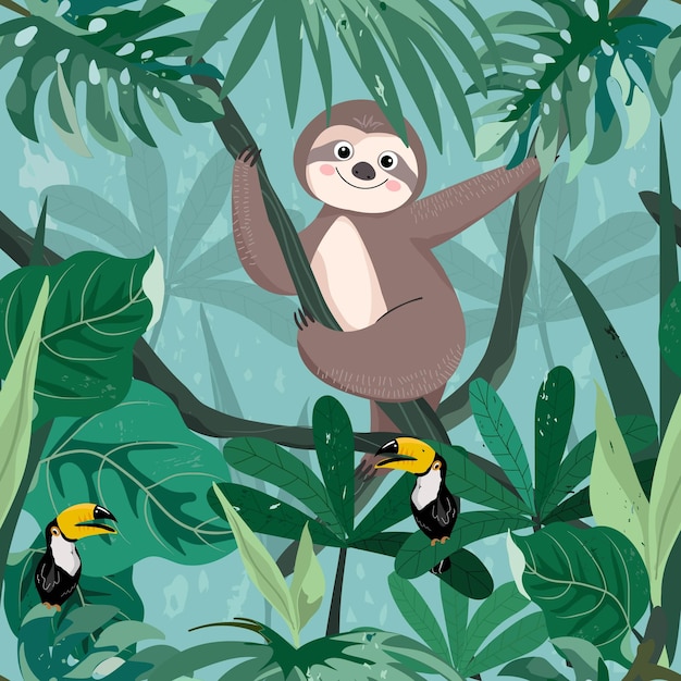 Vector cute sloth in tropical forest seamless pattern