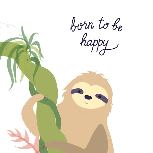 Cute sloth vector. Isolated cartoon baby climbing sloths. Hand drawn jungle animal poster