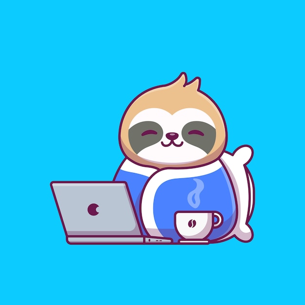 Cute sloth wearing blanket with laptop and coffee cartoon   illustration.