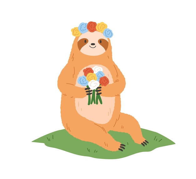 Cute sloth with flower wreath and pretty bouquet in paws. Happy funny animal. Romantic bear character enjoying summer nature, sitting on grass. Flat vector illustration isolated on white background