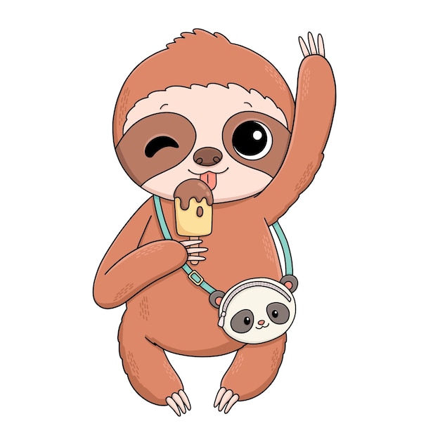 Vector cute sloth with ice cream and panda bag illustration vector illustration