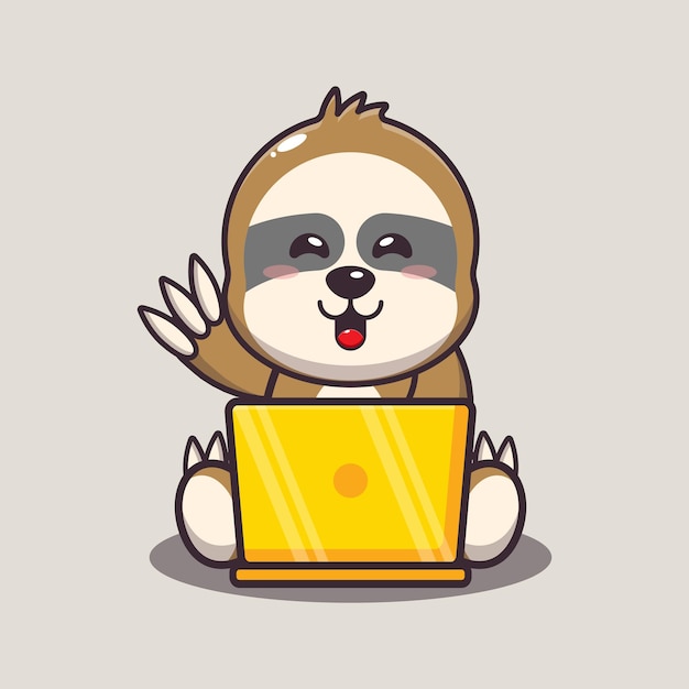 Cute sloth with laptop cute cartoon animal illustration