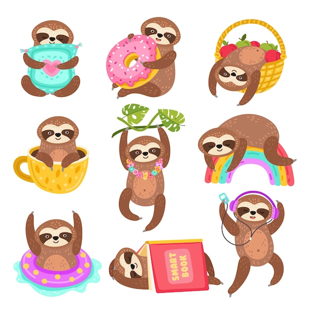 Cute sloths. Funny sleepy sloth, isolated wild jungle character. Cartoon animal on rainbow branch, in coffee cup under book exact vector set