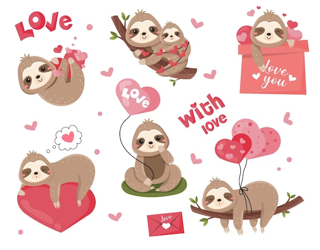 Cute sloths for valentines day set