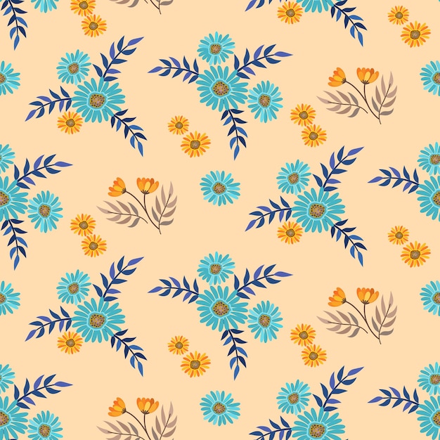 Cute small blooming flowers on yellow color seamless pattern.