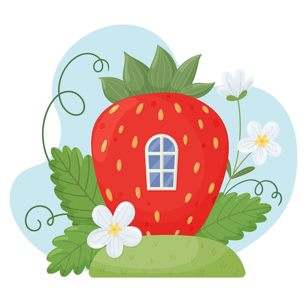 Vector cute small house made from strawberries. fairytale fantasy home for gnome or fairytale creature. vector illustration isolated on white background.