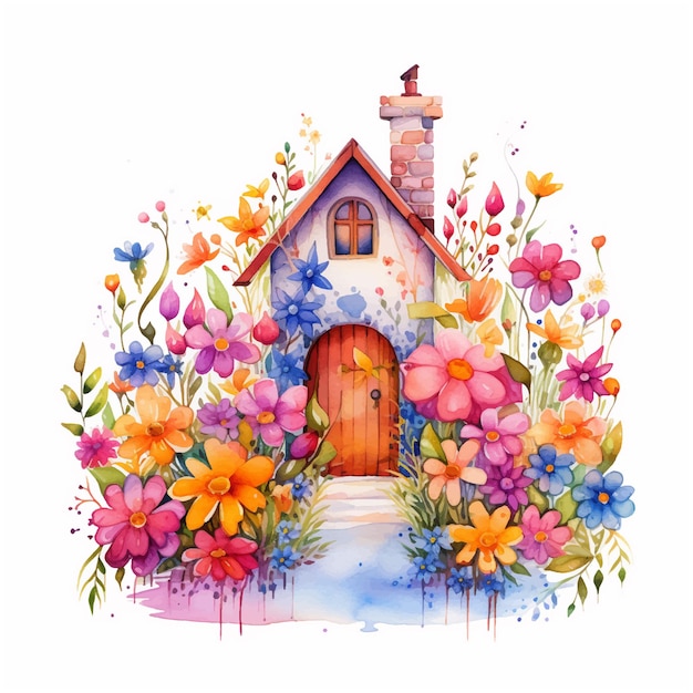 Cute Small house surrounded with flowers watercolor painting